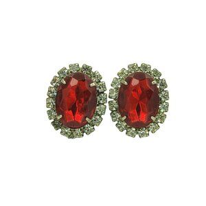 Vintage Bright Red Rhinestone Oval Clip Earrings